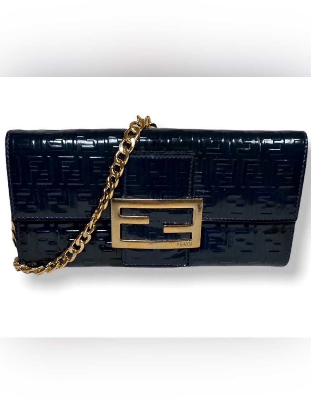 Authentic Fendi in dark bluePatent FF-Embossed Clutch/wallet with Gold Hardware.